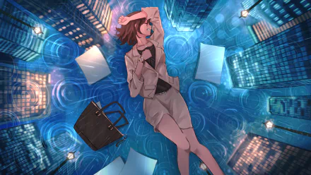 HD anime desktop wallpaper featuring an anime girl floating amidst swirling water and illuminated city buildings, with a briefcase and scattered papers around her.