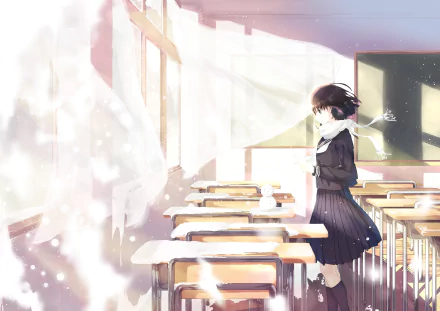 Anime girl stands in a snowy-lit classroom, captured in detailed 4K Ultra HD style, blending serene winter elements with a quiet school setting.