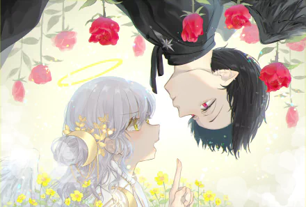 2K Quad HD PC wallpaper and background of an anime couple: a silver-haired girl with a halo and flowers gazes at an upside-down dark-haired boy amid hanging red roses.
