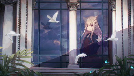 A serene anime girl with long hair and red eyes stands by a window, surrounded by birds and lush greenery, creating a captivating desktop wallpaper.