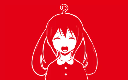 HD PC desktop wallpaper: minimalist red-and-white anime portrait of Hatsune Miku, smiling twin-tails in Vocaloid style, white line-art on solid red background.