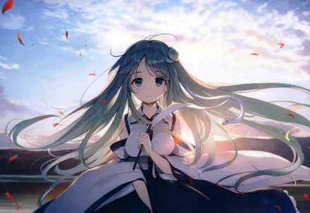 Sanae Kochiya (Touhou) anime 4K Ultra HD PC desktop wallpaper: long green hair flowing, hands clasped at her chest, warm sunset sky and drifting petals behind her.