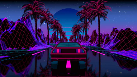 Artistic retrowave HD PC desktop wallpaper featuring a neon-lit car driving through a digital landscape with palm trees, mountains, and a starry night sky.