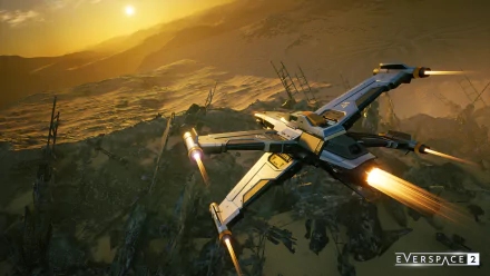 4K Ultra HD desktop wallpaper from the video game Everspace 2, depicting a sleek spaceship flying over a rugged, sunlit alien landscape at sunset.