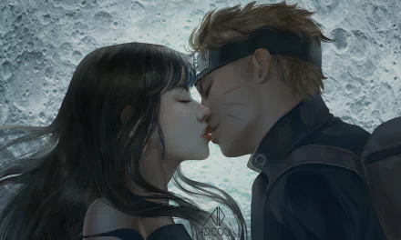 Anime characters Hinata Hyuga and Naruto Uzumaki share a kiss in this HD wallpaper. The background features a moonlit setting, enhancing the romantic atmosphere.