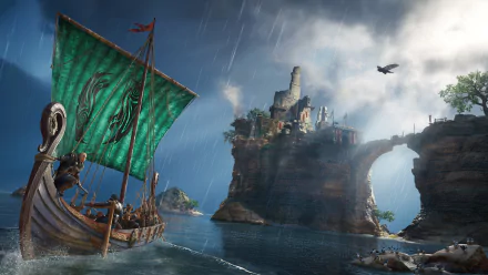 4K Ultra HD PC desktop wallpaper featuring a Viking longship with a green sail approaching a stormy coastal fortress from Assassin's Creed Valhalla.