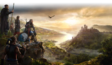 4K Ultra HD desktop wallpaper featuring a Viking landscape from Assassin's Creed Valhalla, showcasing warriors overlooking a vast, sunlit valley with a castle in the distance.