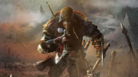 A warrior from Assassin's Creed Valhalla stands poised for battle, showcasing the game's stunning 4K Ultra HD graphics in a dramatic, atmospheric landscape.
