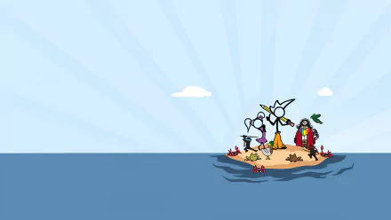 HD PC desktop wallpaper from the video game The Fancy Pants Adventure: stick-figure hero and companions on a tiny tropical island beneath a pale blue sky and calm sea.
