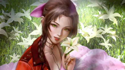 HD PC desktop wallpaper of Aerith Gainsborough (video game Final Fantasy VII) — smiling in a lily-filled field, pink ribbon, red jacket, holding a white flower.