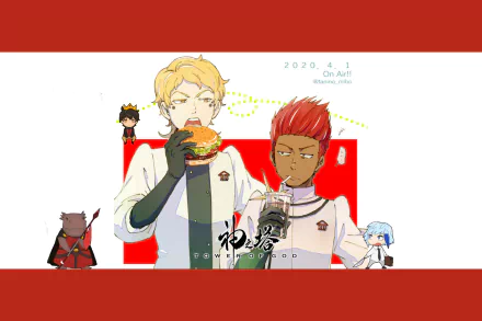 Colorful anime-themed HD wallpaper featuring characters from Tower of God, showcasing a dynamic interaction with food and playful expressions against a bold background.