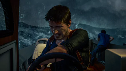 4K PC wallpaper from Uncharted 4: A Thief's End — Nathan Drake grimly steers a boat through towering waves and a violent storm as a crewmate struggles at the stern.