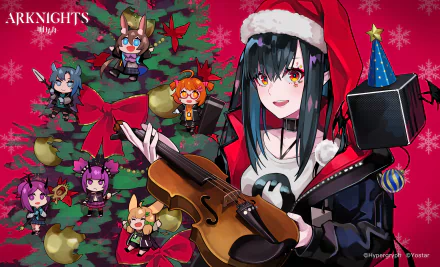 4K Ultra HD Arknights PC wallpaper featuring Closure in a festive Santa hat surrounded by chibi characters and holiday decorations.