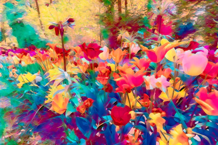 Artistic HD desktop wallpaper of vibrant tulips — painterly swirls of pink, red, yellow and blue forming a colorful, flower-filled background.