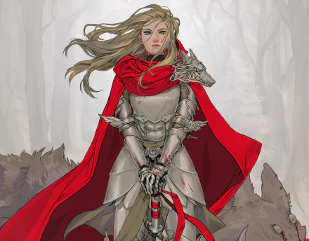 HD fantasy desktop wallpaper featuring a woman warrior knight in silver armor with a red cape, standing confidently in a misty forest background.