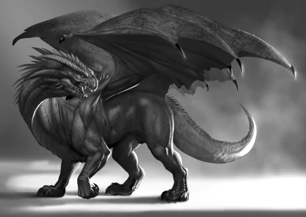 Fantasy dragon HD PC desktop wallpaper and background: monochrome muscular winged dragon with textured scales, curled tail and billowing wings standing on a misty ground.