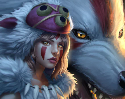 Anime Princess Mononoke scene: fierce wolf-warrior girl in white fur beside a huge white wolf, vibrant HD PC desktop wallpaper background.