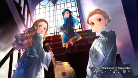 HD PC desktop wallpaper: Myne (Ascendance of a Bookworm) anime scene — three girls on a grand stairway beneath a sunlit arched window.
