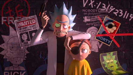 4K Ultra HD PC wallpaper of Rick Sanchez aiming a pistol beside Evil Morty (Morty Smith with eyepatch), gritty Rick and Morty TV show background collage.