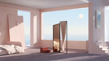 Artistic CGI 4K Ultra HD desktop wallpaper of a serene room with large windows, featuring a standing mirror reflecting soft natural light by the sea.