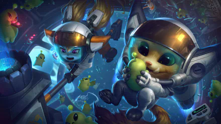 4K Ultra HD PC desktop wallpaper of League of Legends characters Poppy and Gnar in space helmets, playful cosmic scene with green creatures, vibrant video game artwork.