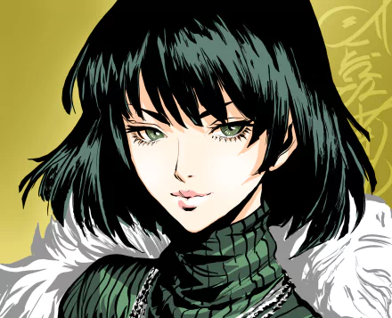 HD PC desktop wallpaper: close-up anime portrait of Fubuki (One-Punch Man) with short green hair, green eyes and a fur-trimmed collar against a gold background.
