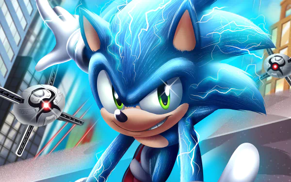 4K Ultra HD PC desktop wallpaper featuring Sonic the Hedgehog from the movie, surrounded by electric blue energy and urban cityscape elements.