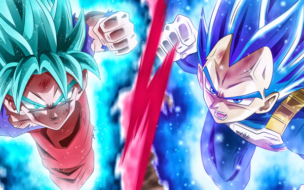 High-energy 8K Ultra HD wallpaper featuring Goku and Vegeta in intense standoff, showcasing their iconic Dragon Ball Super Super Saiyan Blue forms.