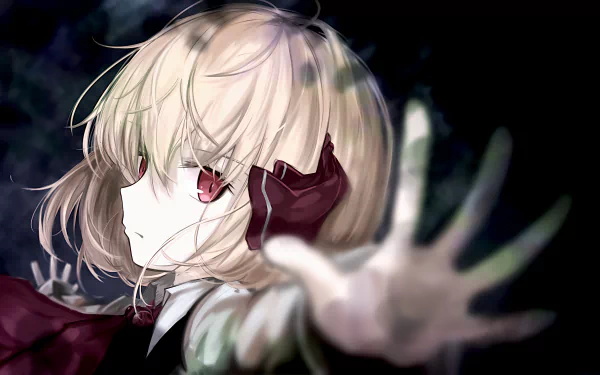 4K Ultra HD anime wallpaper featuring Rumia from Touhou, with detailed light blonde hair and striking red eyes against a dark, atmospheric background.
