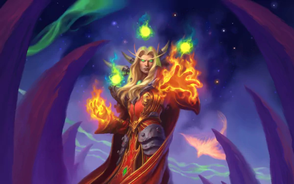 Kael'thas Sunstrider from the video game Hearthstone: Heroes of Warcraft, a fiery mage in ornate red robes casting green and orange flames amid purple arches — 2K Quad HD PC desktop wallpaper.