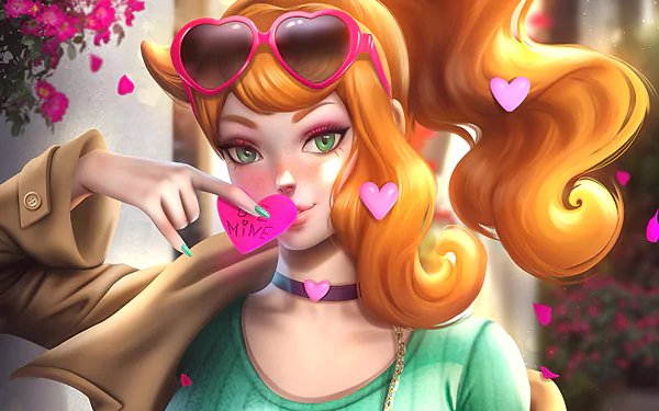 Sonia (Pokémon) in HD PC desktop wallpaper: orange hair in a high ponytail, green eyes, pink heart sunglasses pushed up, holding a pink heart candy — Pokémon Sword and Shield video game art.