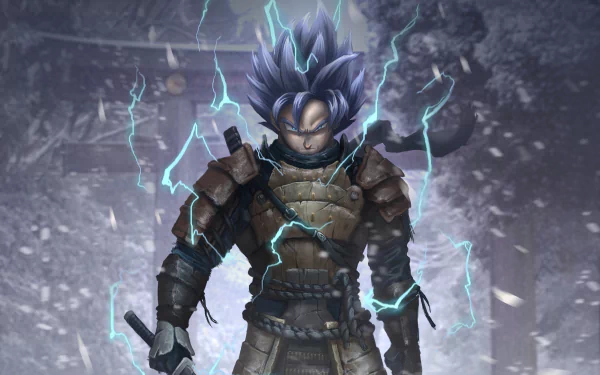 HD PC wallpaper featuring an anime samurai version of Goku from Dragon Ball, surrounded by blue lightning in a dynamic, powerful stance.