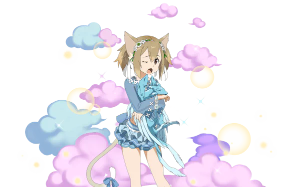 HD PC wallpaper featuring Silica (Keiko Ayano) and Pina from Sword Art Online: Alicization surrounded by pastel clouds and sparkles in an anime style.