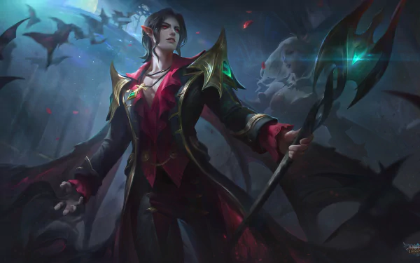 HD PC desktop wallpaper of a moonlit Mobile Legends: Bang Bang hero in red-black armor and flowing cape, surrounded by bats and holding a dark, ornate staff.