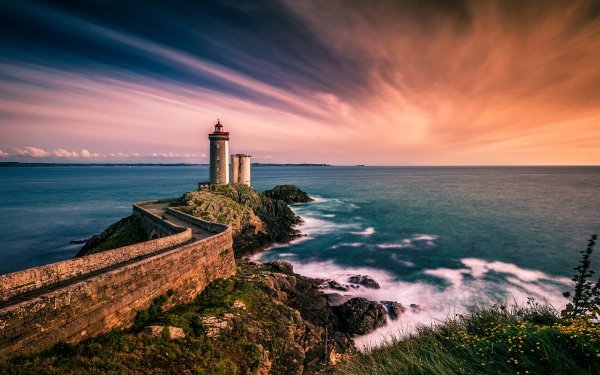 Man Made Lighthouse Sunset Coast France Horizon Path Ocean HD Wallpaper | Background Image