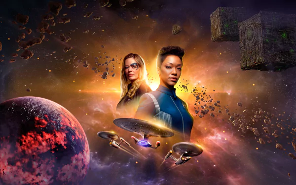 4K Ultra HD Star Trek Online wallpaper featuring a spaceship, two characters, and floating space debris against a vibrant cosmic backdrop.