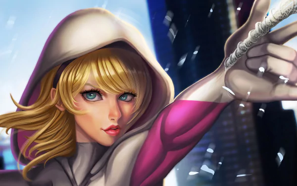 Comic-style Spider-Gwen (Gwen Stacy) with blonde hair and aqua eyes in a hood, reaching out with webbing against a city skyline — 4K Ultra HD PC desktop wallpaper.