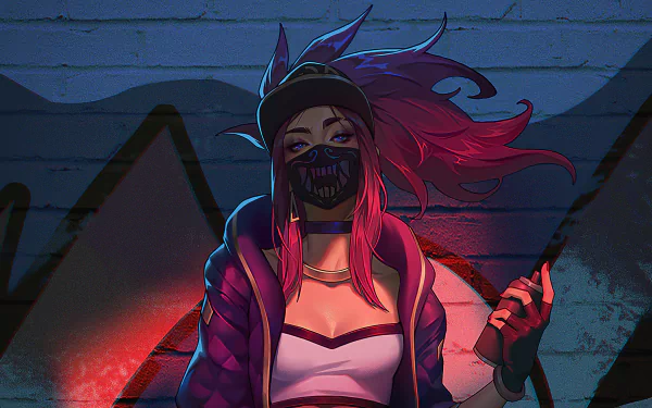 HD desktop wallpaper of Akali from K/DA in League of Legends, featuring vibrant artwork with her signature mask and pink hair against a graffiti-covered wall background.