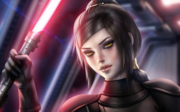 Sci Fi Star Wars Lightsaber Woman Warrior Yellow Eyes Face Black Hair HD Wallpaper | Background Image