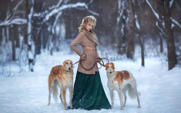 saluki hat depth of field snow dog winter woman model HD Desktop Wallpaper | Background Image
