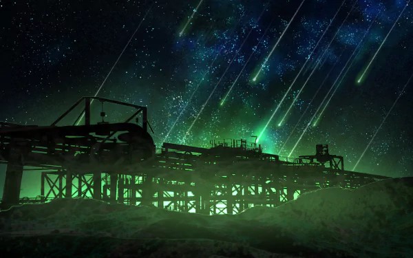 Anime-style HD PC desktop wallpaper featuring a starry sky illuminated by multiple shooting stars above a silhouetted industrial structure.