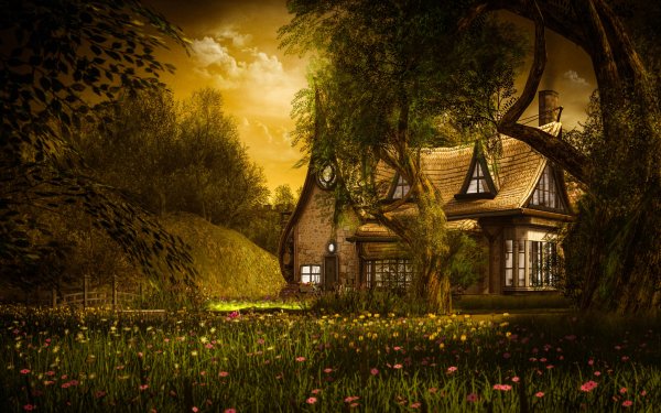 Fantasy House Cottage Flower HD Wallpaper | Background Image