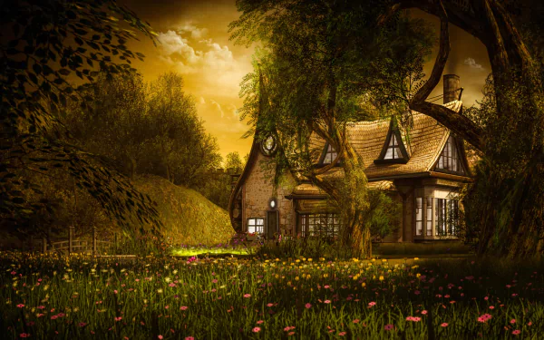 HD PC desktop wallpaper of a fantasy cottage house framed by towering trees and a flower-filled meadow glowing in golden dusk.