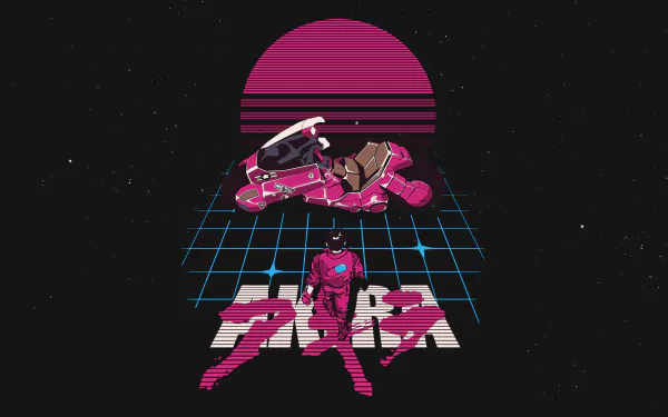 Vibrant vaporwave desktop wallpaper featuring a retro grid, inspired by anime aesthetics. The artwork showcases iconic elements from Akira, blending nostalgia with a futuristic vibe.