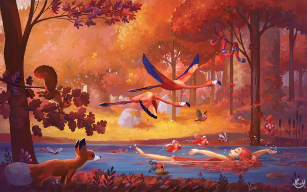 flamingo fox red hair nature fish forest fantasy woman HD Desktop Wallpaper | Background Image