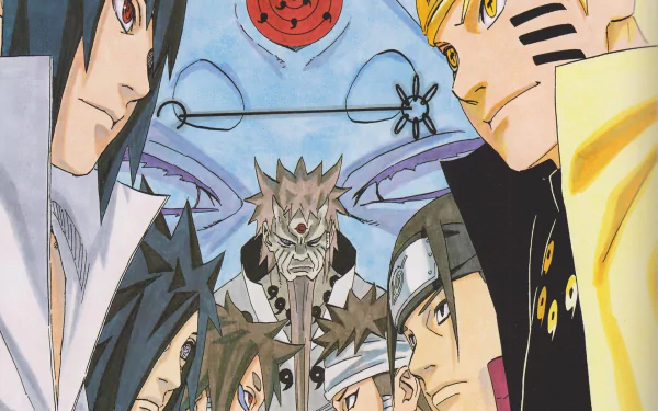 HD anime wallpaper featuring Naruto Uzumaki, Sasuke Uchiha, Ashura and Indra Ōtsutsuki, Hagoromo Ōtsutsuki, Madara Uchiha, Hashirama Senju, and Kaguya Ōtsutsuki in a dynamic face-off.