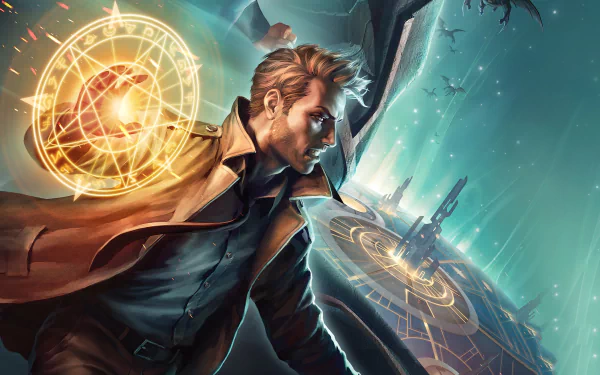 John Constantine in a trench coat casting glowing magic sigils over a ruined city — DC Comics movie art from Justice League Dark: Apokolips War, 4K Ultra HD PC wallpaper.