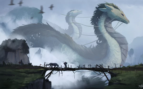 4K Ultra HD fantasy desktop wallpaper featuring a majestic Chinese dragon rising above misty cliffs with a wooden bridge and silhouetted figures in the foreground.