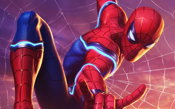 HD PC desktop wallpaper showing Spider-Man in a dynamic pose from the MARVEL Contest of Champions video game, framed by glowing webbing and neon suit accents.