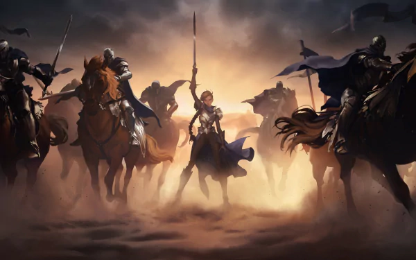 HD desktop wallpaper featuring a female knight leading a cavalry charge in a dramatic scene from the video game Legends of Runeterra.